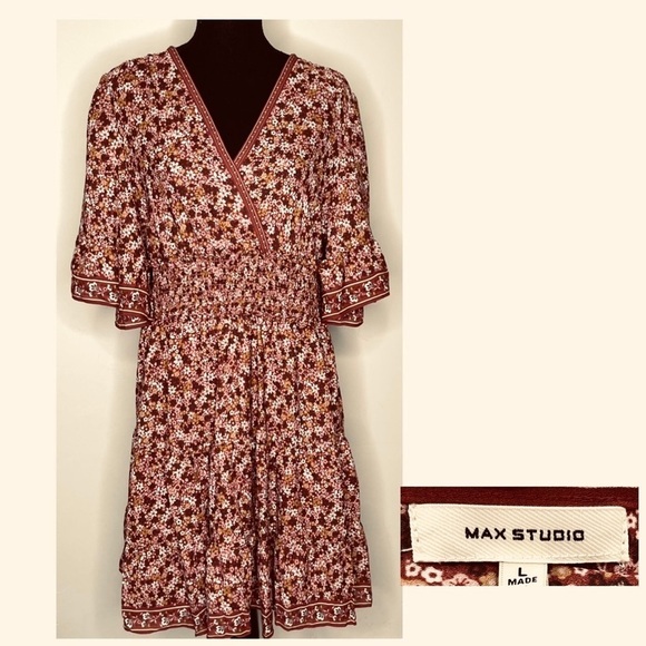 🔥 Max Studio Floral Flutter Boho Prairie Surplice Dress L New - Picture 4 of 13